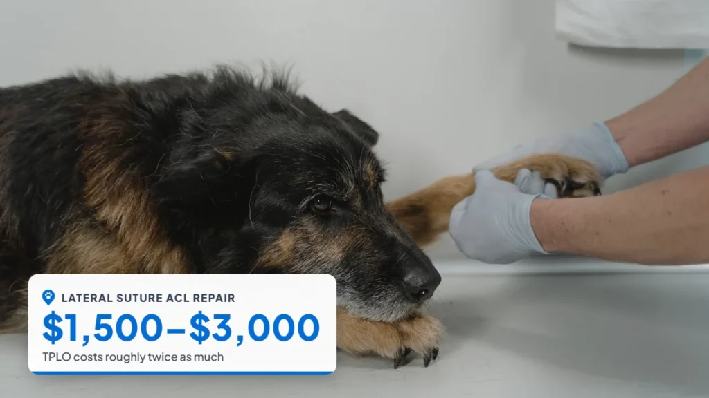 Veterinarian holding the paw of a dog lying on an exam table. Badge: Lateral suture ACL repair, $1,500–$3,000.