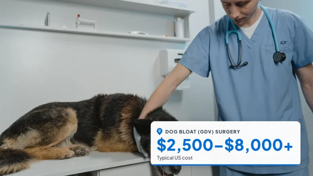 Veterinarian examining a German Shepherd lying on a clinic table. Badge: Dog bloat (GDV) surgery, $2,500–$8,000+.