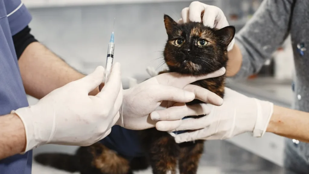 Veterinarian giving a cat a vaccine