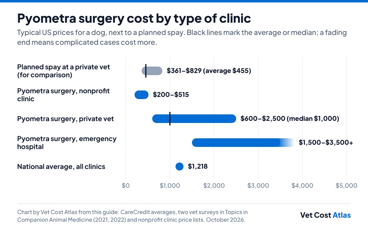Bar chart of pyometra surgery cost for a dog by type of clinic: about $200–$515 at a nonprofit clinic, $600–$2,500 at a private vet with a $1,000 median, $1,500–$3,500 or more at an emergency hospital and a $1,218 national average, next to a $361–$829 planned spay.